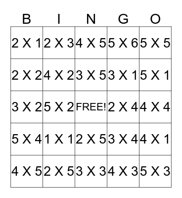 Multiplication -1 Bingo Card