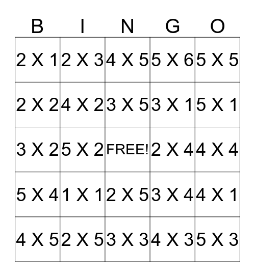 Multiplication -1 Bingo Card