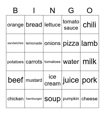 BE 3 unit 7 Food Bingo Card