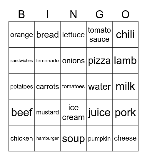 BE 3 unit 7 Food Bingo Card