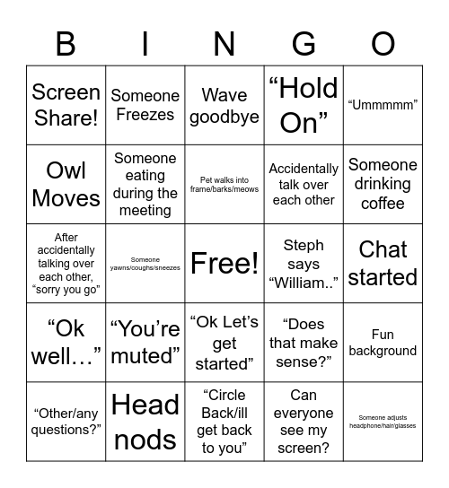 Unit Bingo Card