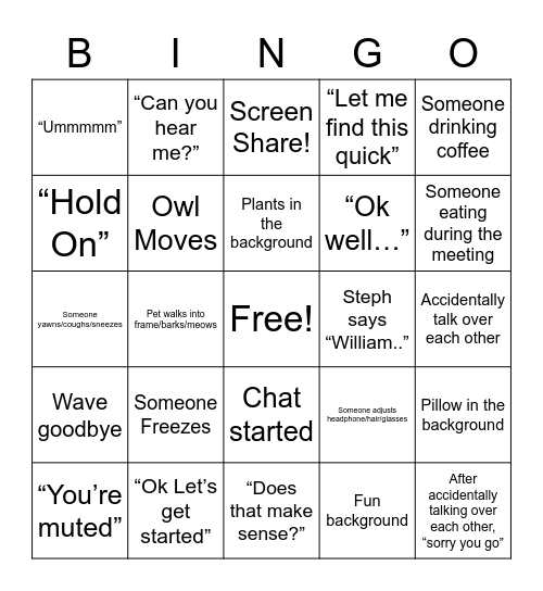 Unit Bingo Card