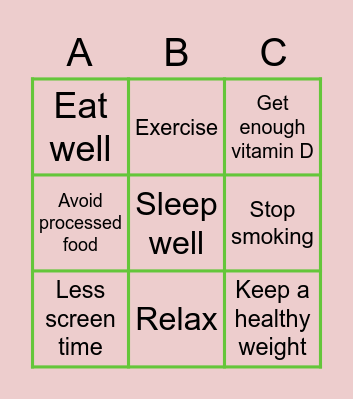 Healthy Lifestyle Bingo Card