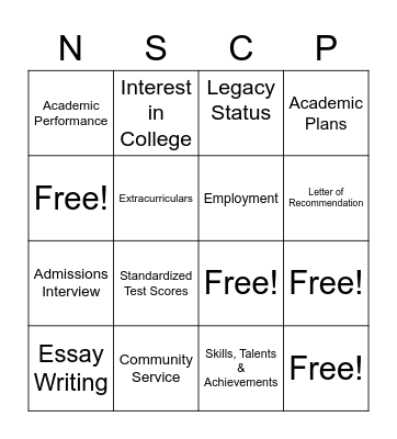 College Acceptance Bingo Card