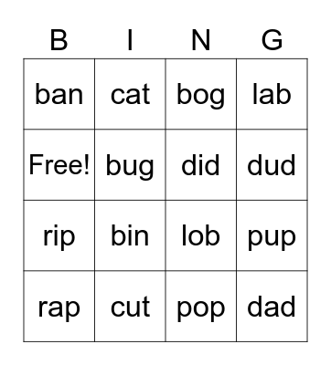 Short Vowel A/I/U/O Bingo Card