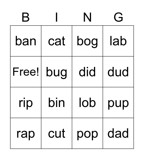 Short Vowel A/I/U/O Bingo Card