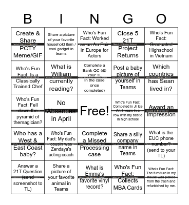 50T Team Bingo Card