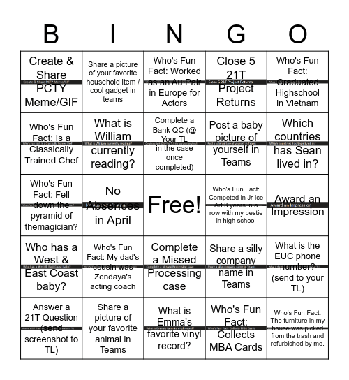 50T Team Bingo Card