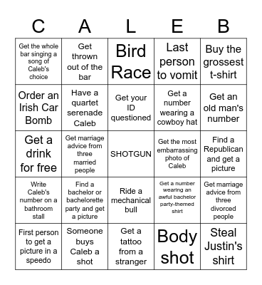 Caleb's Bachelor Party Bingo Card