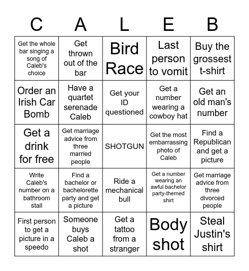 Caleb's Bachelor Party Bingo Card