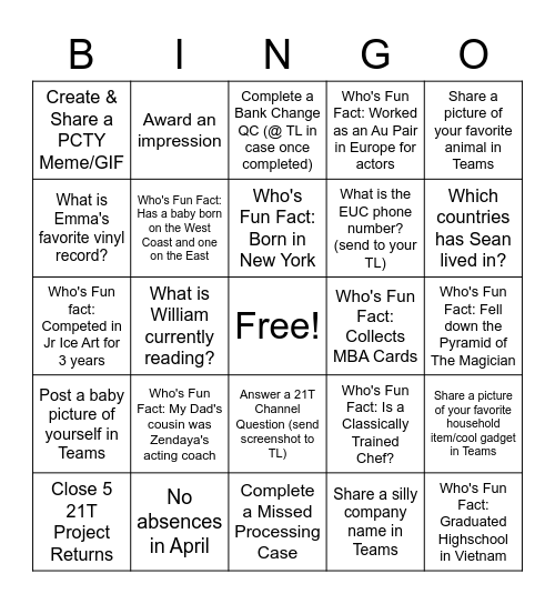 50T Team Bingo Card