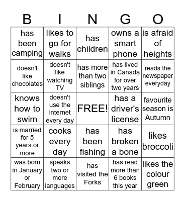 Ice breaker Bingo Card