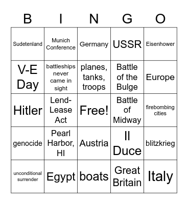 TCI WWII Review Bingo Card
