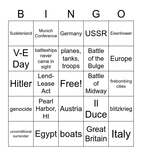 TCI WWII Review Bingo Card