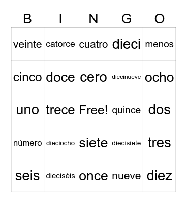 0-20 Bingo Card
