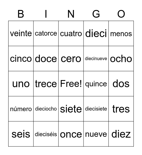 0-20 Bingo Card