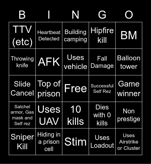 Warzone Rebirth Bingo Card