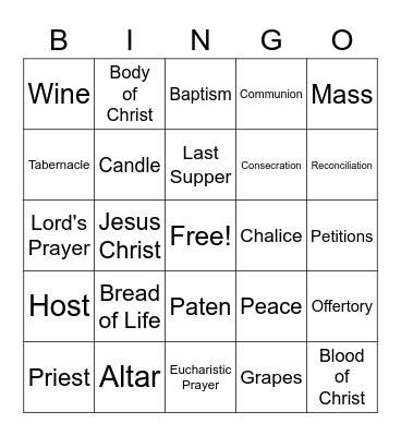 Holy  Communion Bingo Card