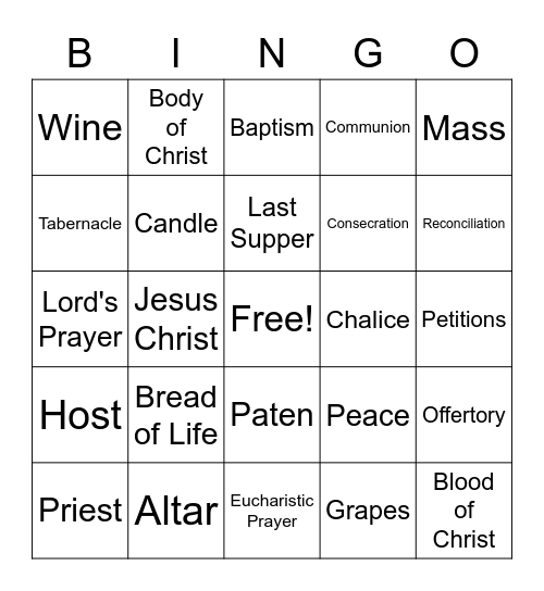 Holy  Communion Bingo Card