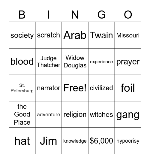 The Adventures of Huckleberry Finn Bingo Card