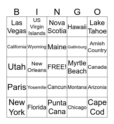 Vacation Spots Bingo Card