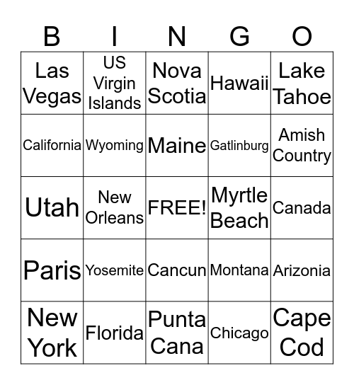 Vacation Spots Bingo Card