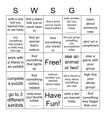 SWSG Science Bingo Card