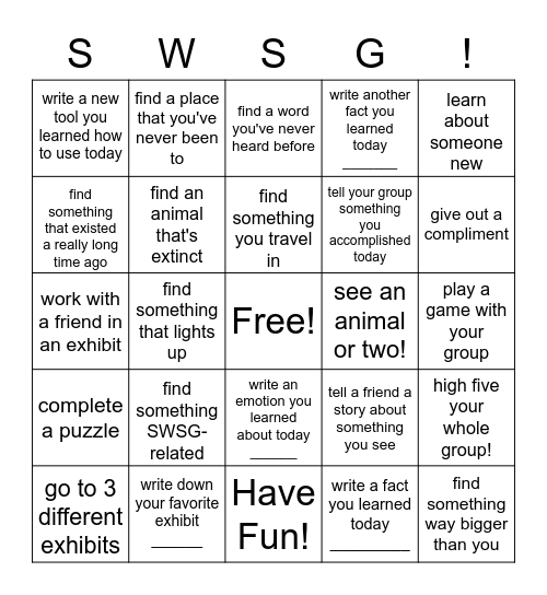 SWSG Science Bingo Card