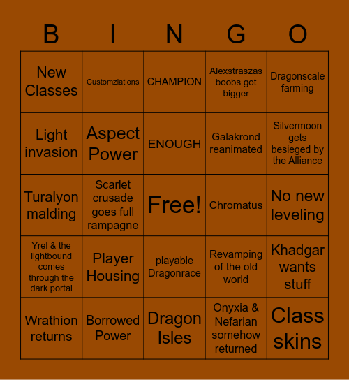 WoW 10.0 Addon Bingo Card