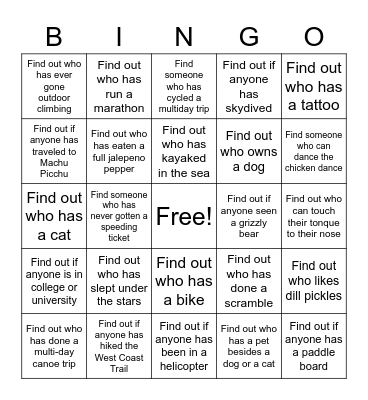 Get to know you Bingo Card