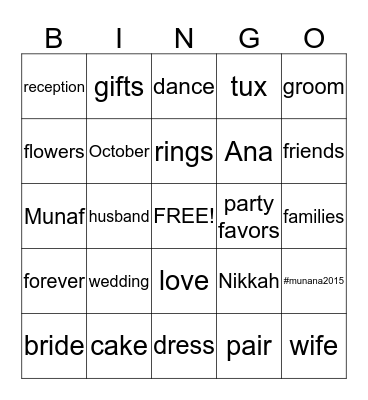 Ana's Bridal Shower Bingo Card