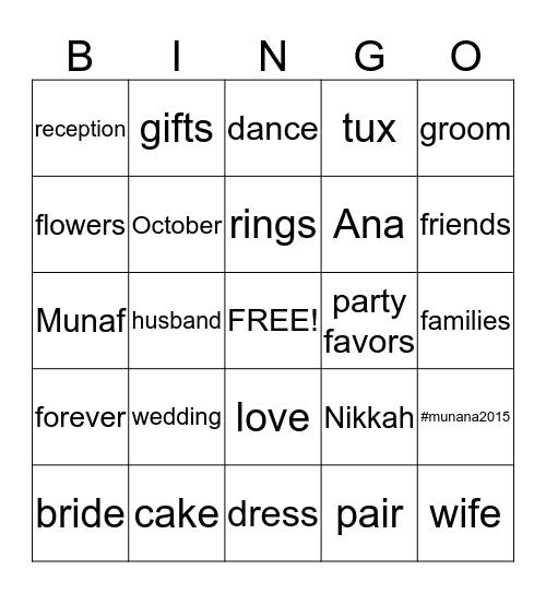 Ana's Bridal Shower Bingo Card
