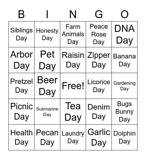 National Days! Bingo Card