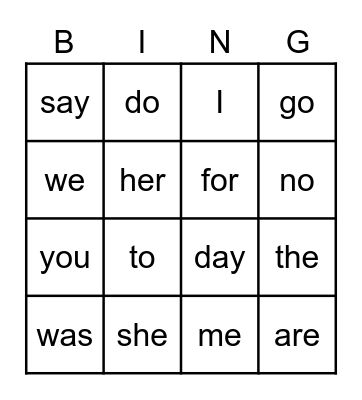 Heart Words Bingo Card