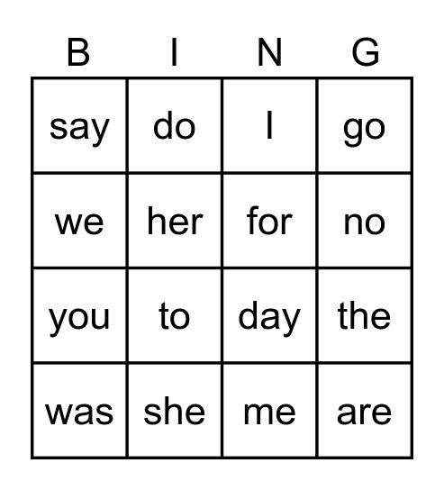 Heart Words Bingo Card