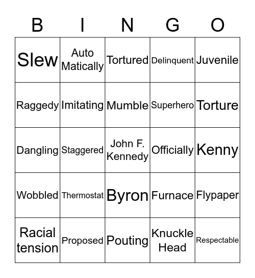 The Watson's Go To Birmingham Bingo Card