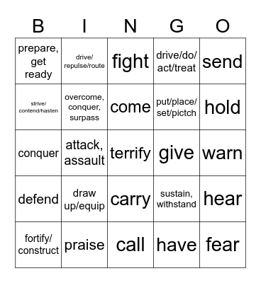 Challenge A Verbs Bingo Card