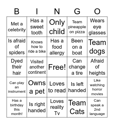 A TEAM BINGO Card