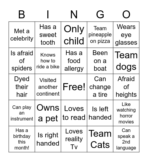 A TEAM BINGO Card