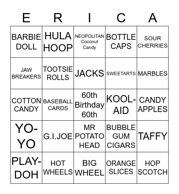 ERICA's 60th Birthday Bingo Card