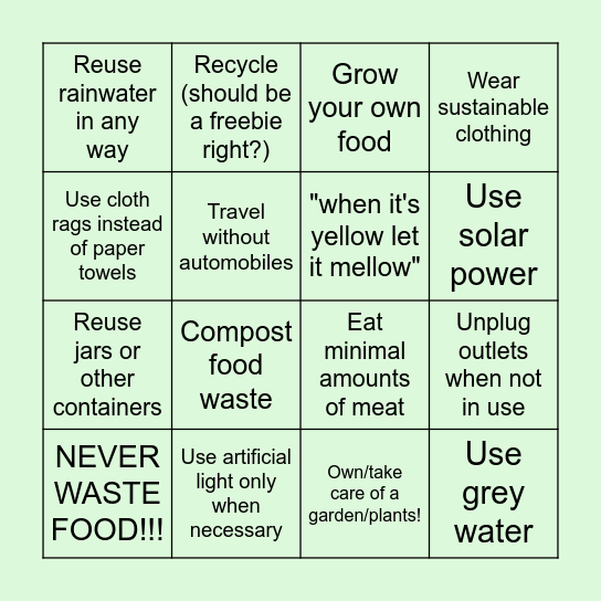 Environmentally Friendly Bingo :) Bingo Card