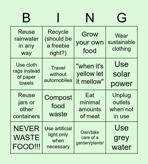 Environmentally Friendly Bingo :) Bingo Card