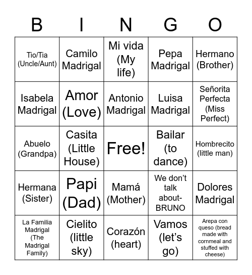 Encanto Movie Vocab Bingo Card