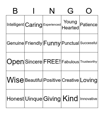 Self-Esteem Bingo Card