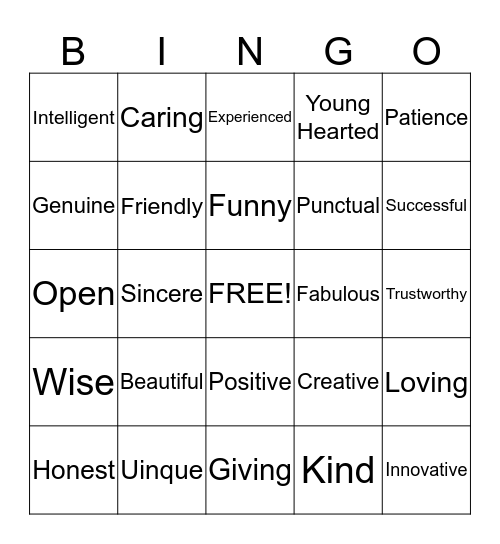 Self-Esteem Bingo Card