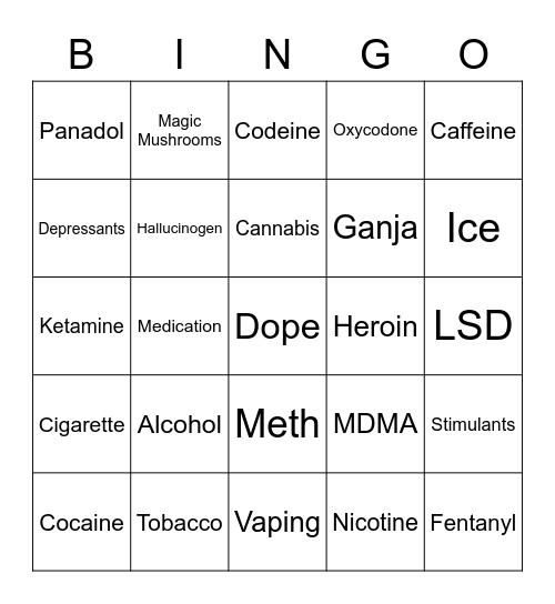 Drug Bingo Card