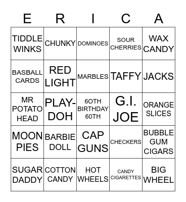 ERICA's 60th Birthday Bingo Card