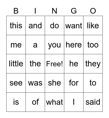 Sight Words Bingo Card