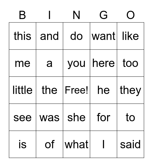 Sight Words Bingo Card