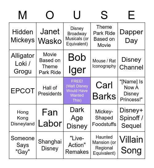Disney Studies Area Bingo Card